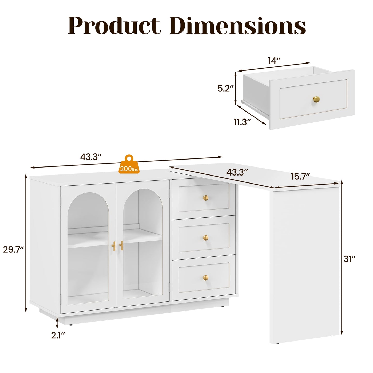 Heynemo Makeup Vanity Desk, Extendable Corner Vanity Makeup Table with 3 Drawers & 2 Door, Modern Dressing Table for Bedroom, Vanities for Women/Girls Bedroom (without Mirror)