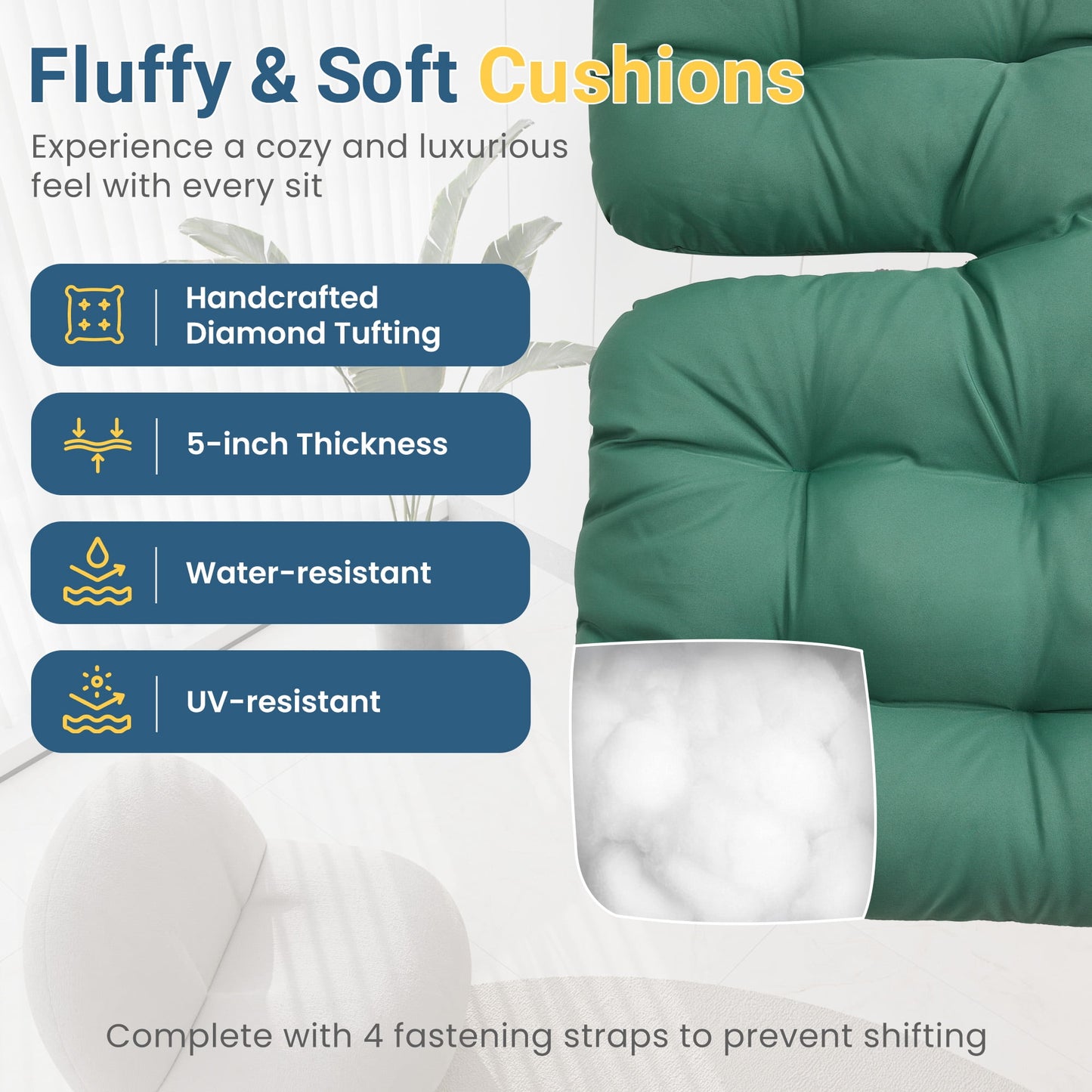 Heynemo Patio Rocking Chair with Ottoman for Outdoor & Indoor, Outdoor Wicker Papasan Chair with Thick Cushions for Garden, Porch, Green