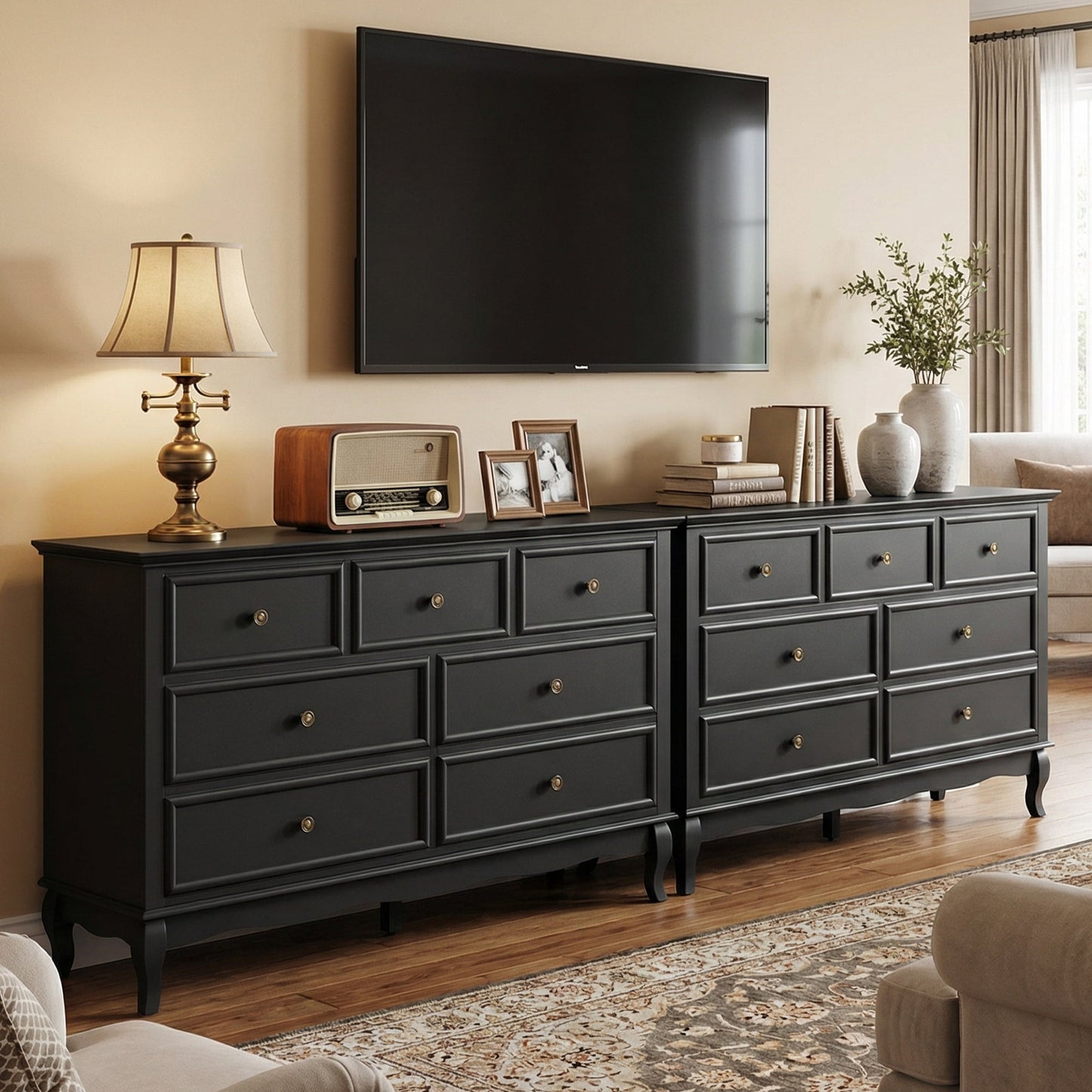 May in Color 7 Drawer Dresser with Solid Wood Legs for Bedroom, Living Room, Hallway, Black