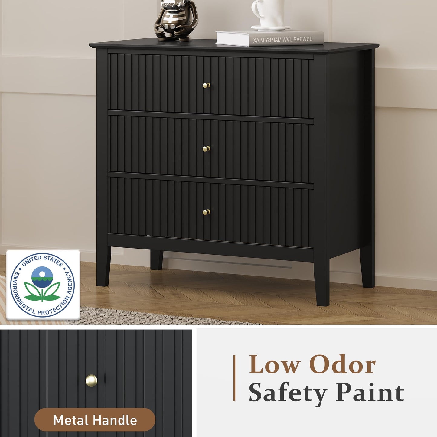 May in Color Modern 3-Drawer Fluted Dresser with Spacious Storage for Bedroom, Hallway, Living Room, Entryway, Black