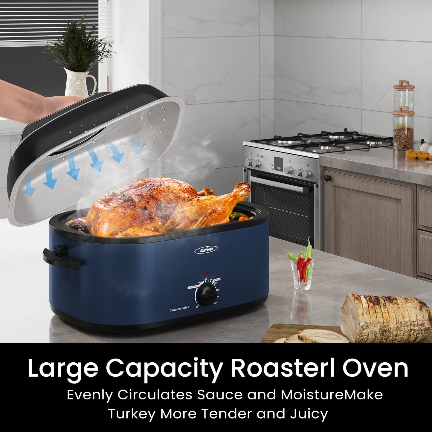Sunvivi Electric Turkey Roaster Oven with Glass Lid, Removable Pan & Rack - 26 Qt, Blue