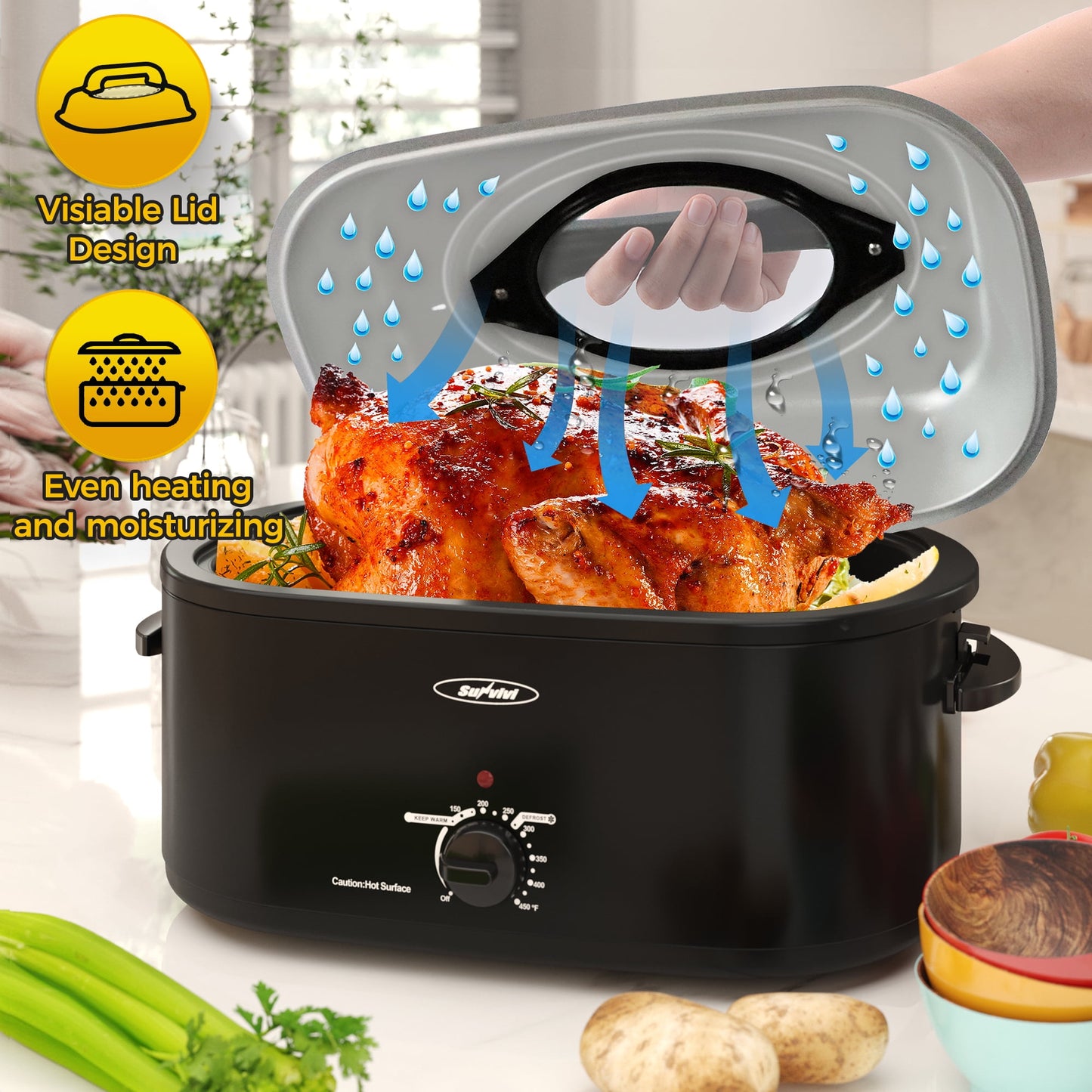 SUNVIVIt 26 Quart Electric Turkey Roaster Oven with Visible & Self-Basting Lid, Stainless Steel,Black