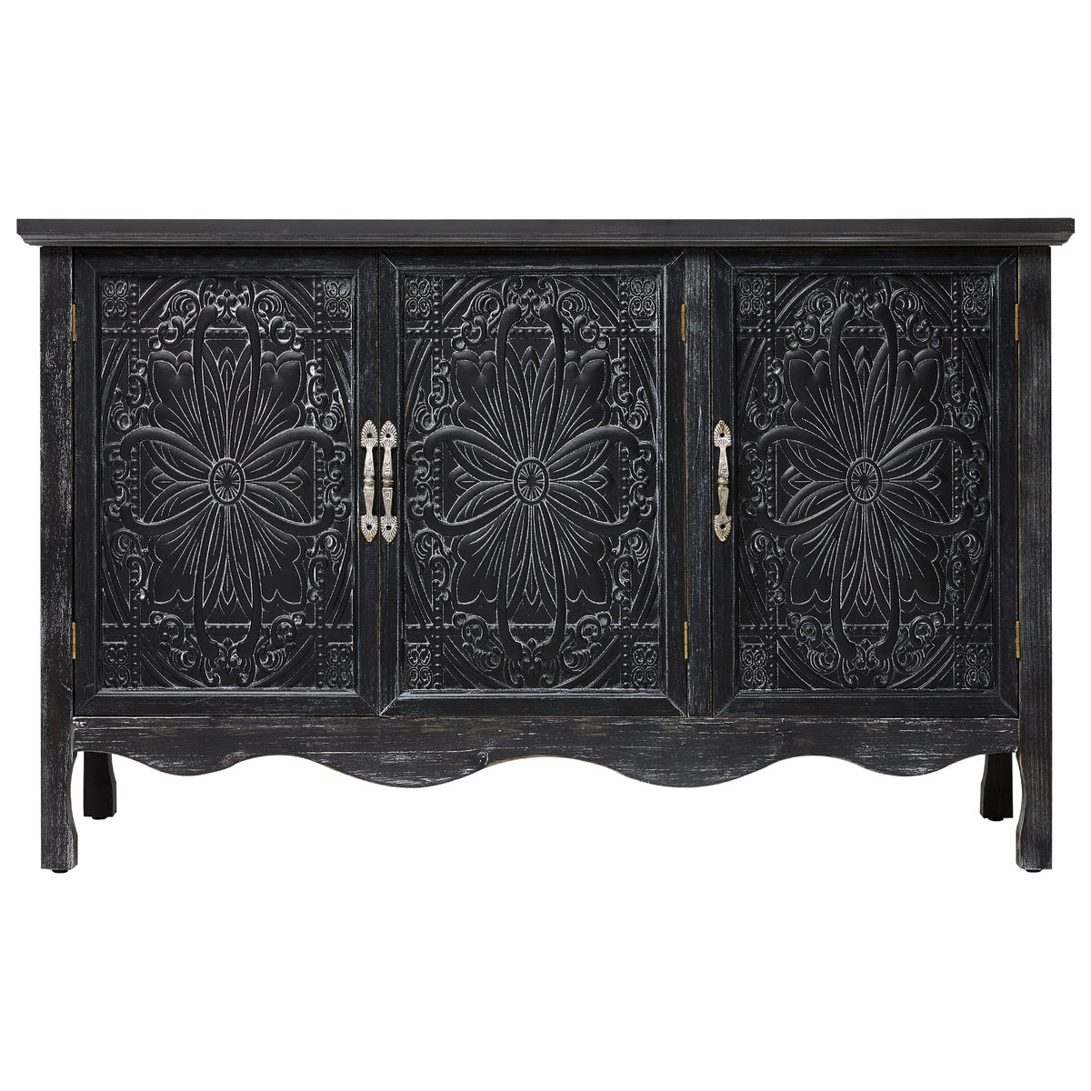 Heynemo Vintage Sideboard Buffet Cabinet with 3 Carved Doors and Adjustable Shelves, Wood Credenza for Kitchen, Dining Room, Living Room, Bedroom, Black