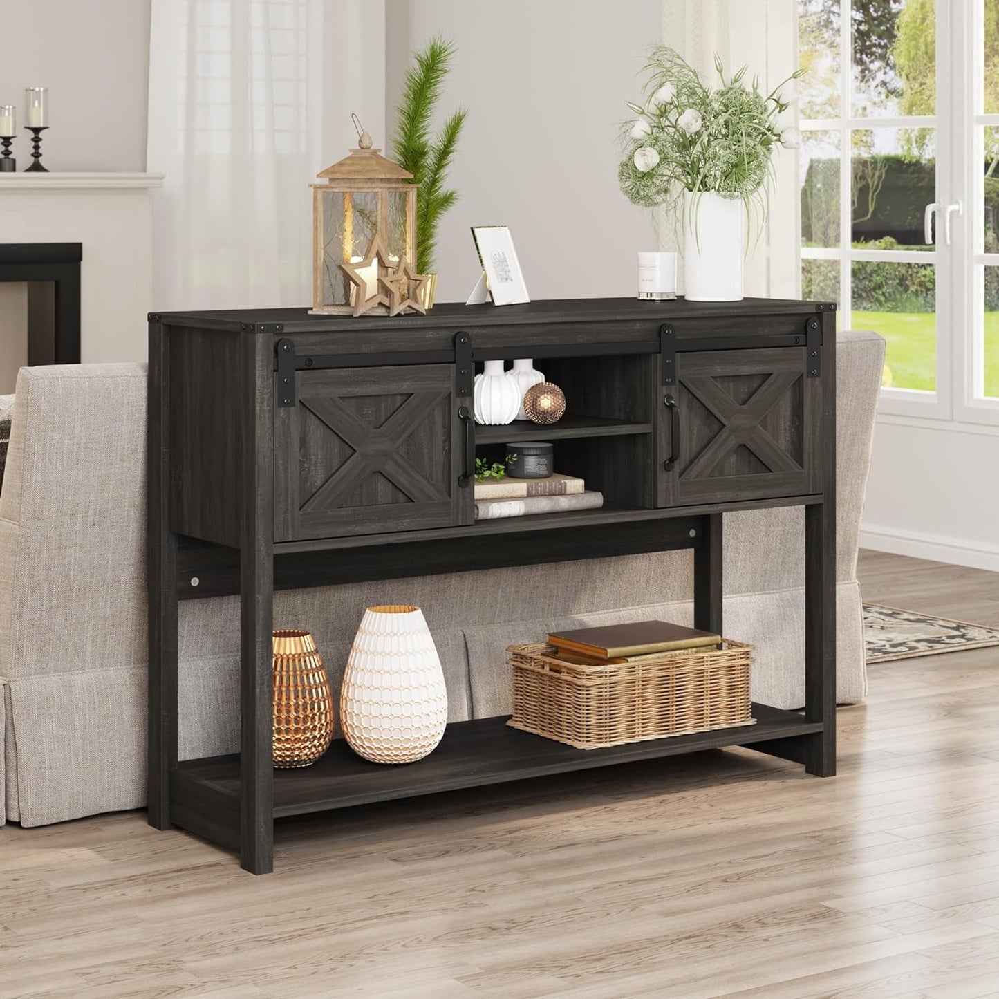 May in Color Entryway Table, 46" Modern Farmhouse Console Table with Sliding Barn Door, for Hallway, Living Room, Foyer, Dark Grey