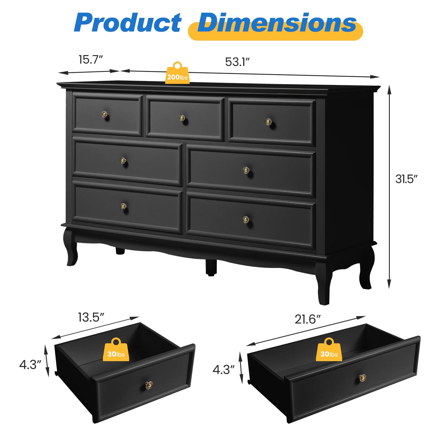 May in Color 7 Drawer Dresser with Solid Wood Legs for Bedroom, Living Room, Hallway, Black