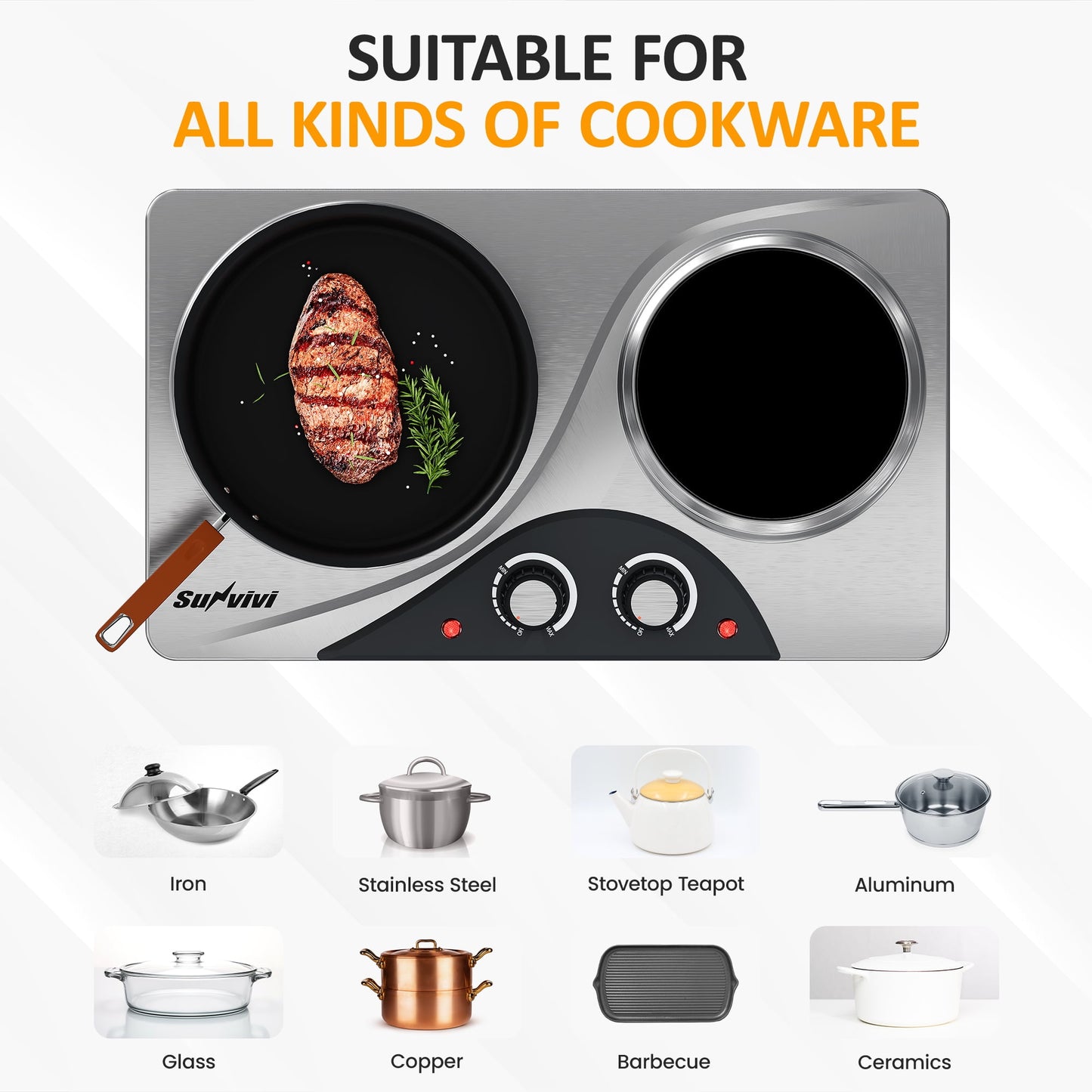 Sunvivi Dual 1800W Burner Electric Ceramic Stove - Knob Control, Indicator Light - Silver