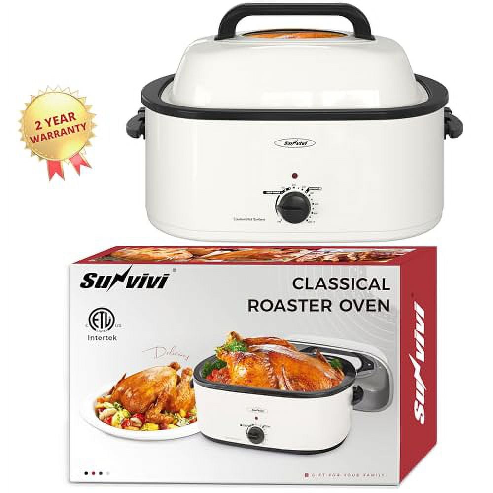 SUNVIVI 20 Quart Turkey Electric Roaster Oven with Self-Basting Lid, Stainless Steel, White