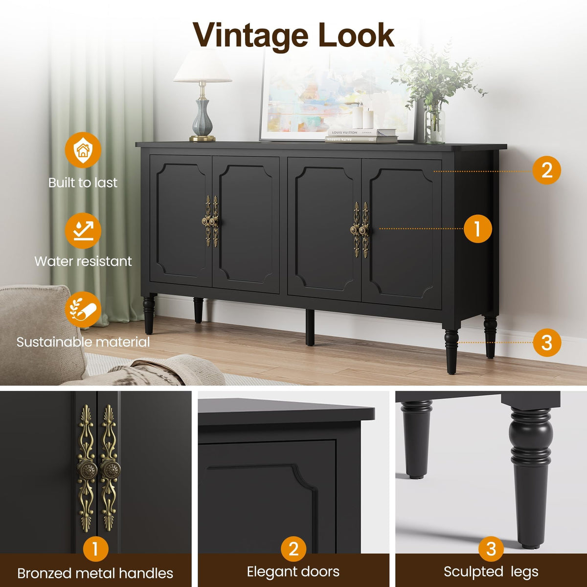May in Color Buffet Sideboard Table Set of 2, 59'' Mid Century Modern Console Table, Media Cabinet with 4 Doors, Accent Cabinet Wood Sideboard, for Entryway, Living Room, Dining Room, Black