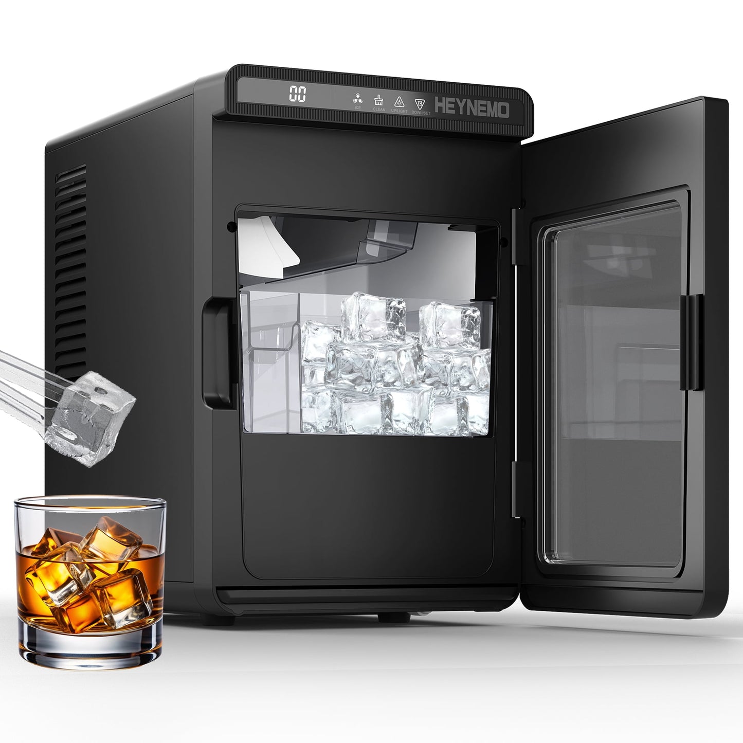 Sunvivi Clear Ice Maker for Home ÿ Compact Countertop Ice Machine with 1.6" Square Ice Cubes, Self-Cleaning, LED Light & Timer, Portable Electric Ice Maker for Kitchen, Bar, RV, Black