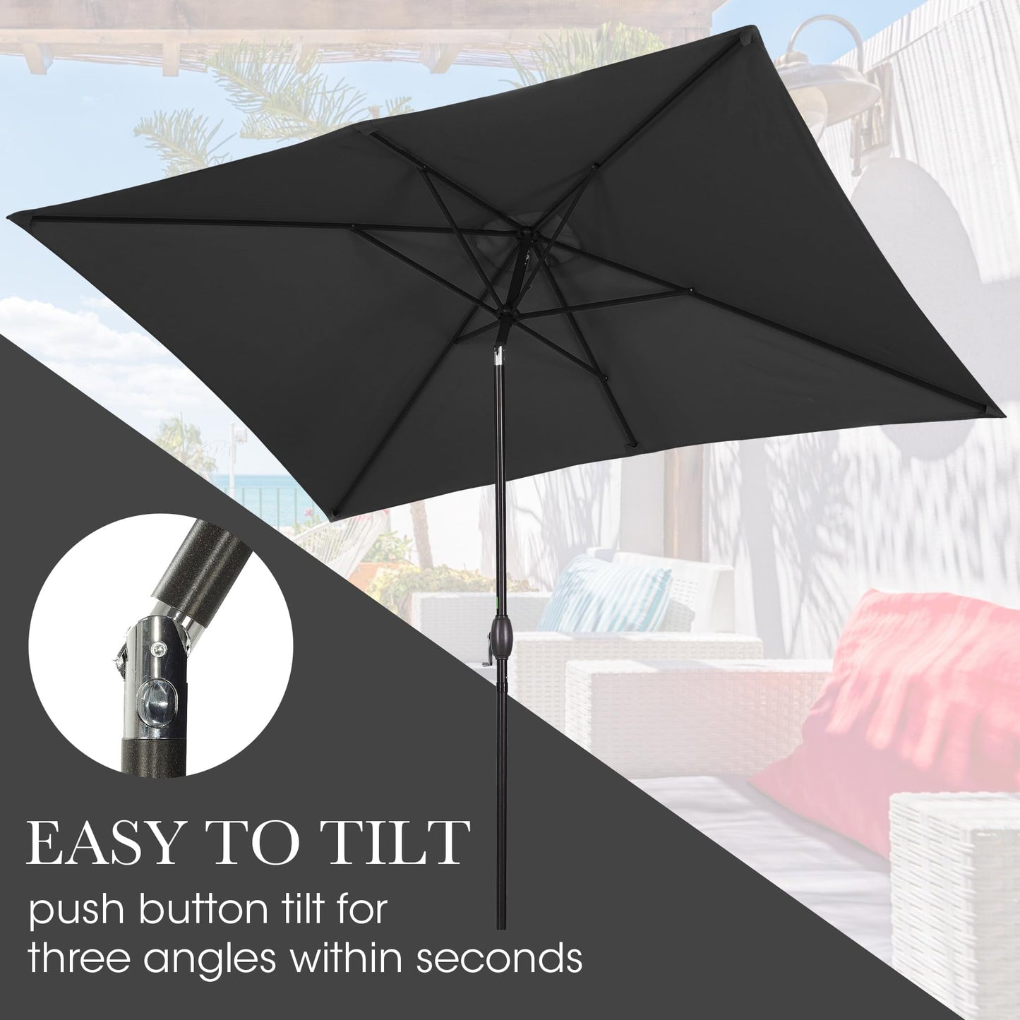 Mayincolor 6.5 x 10 Ft Rectangular Patio Umbrella Aluminum Pole, Outdoor Table Market Umbrella with Crank, 6 Steel Ribs, Polyester Canopy, Black