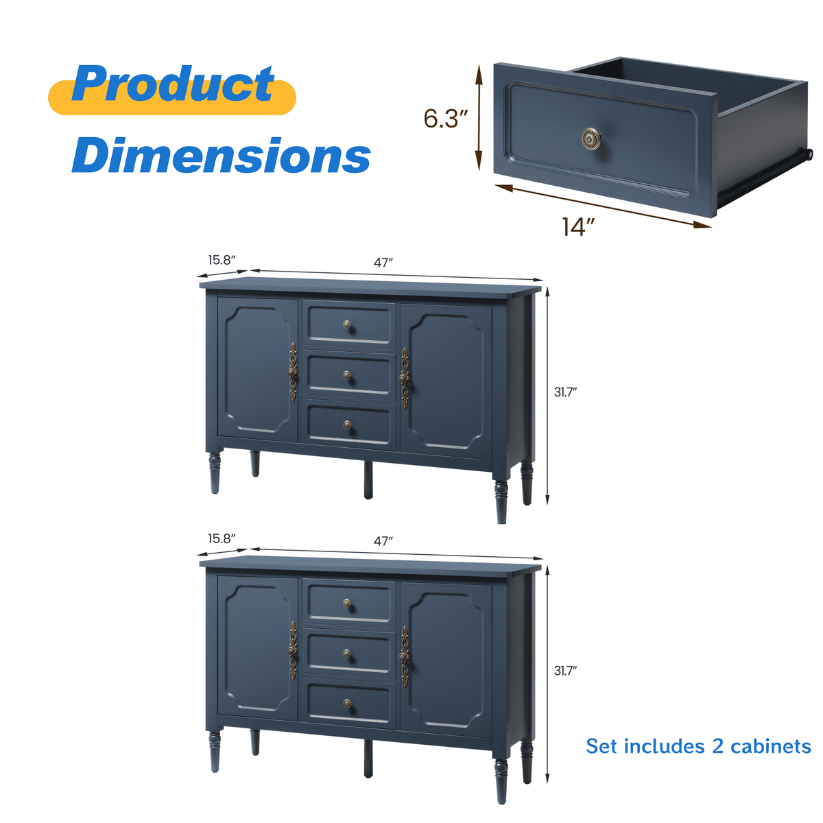 Heynemo 2-Door and 3 drawer Sideboard Cabinet Set of 2 with Storage and Adjustable Shelves, Accent Buffet Cabinet for Entryway, Living Room, Dining Room, Blue