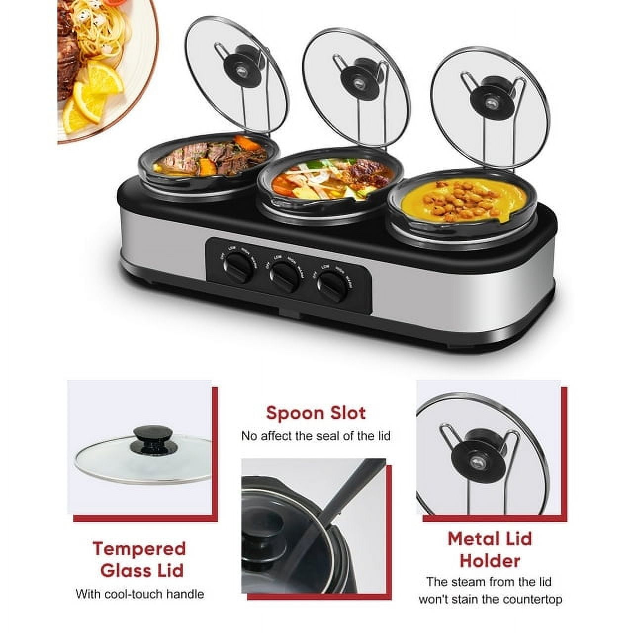 Superjoe Electric Slow Cooker Buffet, 3-Pots Stainless, Server Black 4.5qt 3-Crock