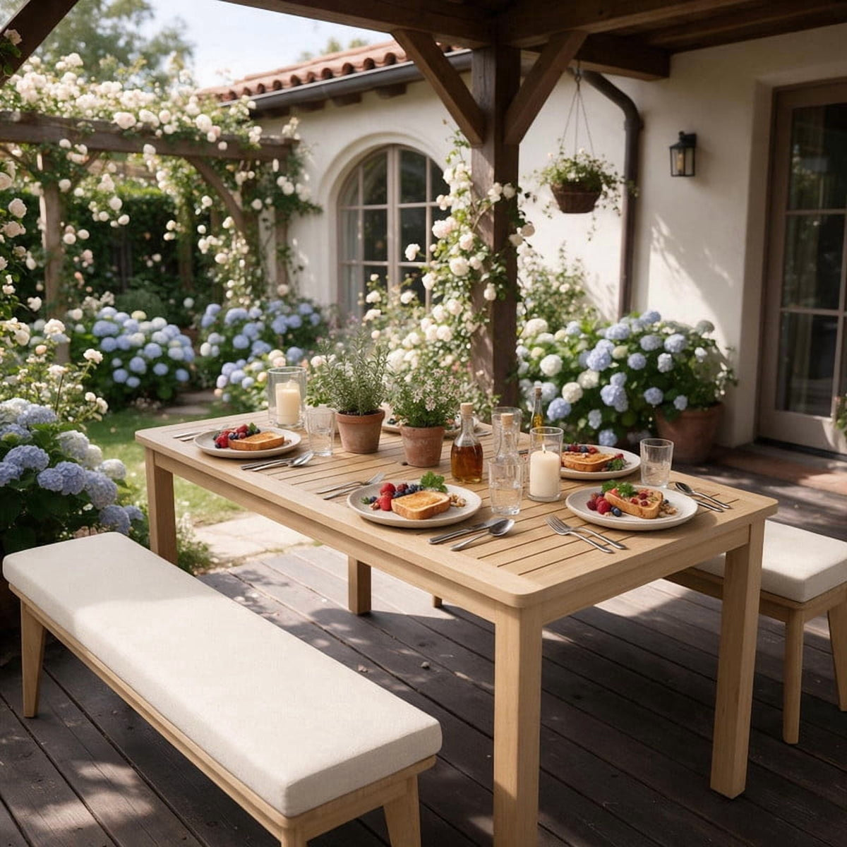 3-Piece Acacia Patio Table & Bench Set for All-Weather, Outdoor Patio Dining Set with Umbrella Hole & Benches with Removable Cushions, Durable Patio Table and Bench Set for Garden, Heynemo
