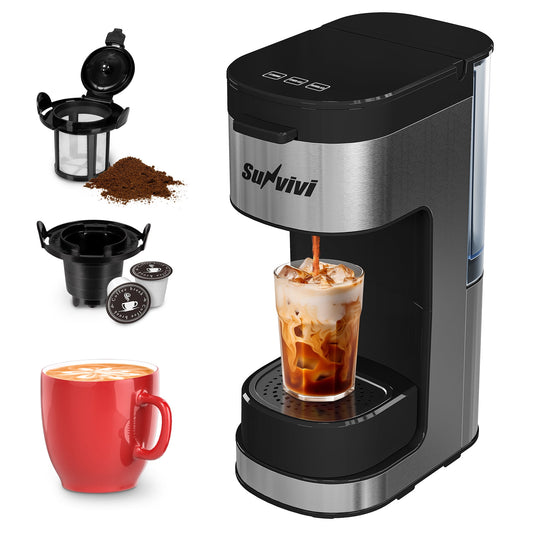 3-in-1 Iced & Hot Coffee Maker, Single Serve Machine with 2 Cup Trays for K-Cups & Ground Coffee, Removable Water Reservoir, Brew Sizes 6 to 14oz, Self-Cleaning, Black