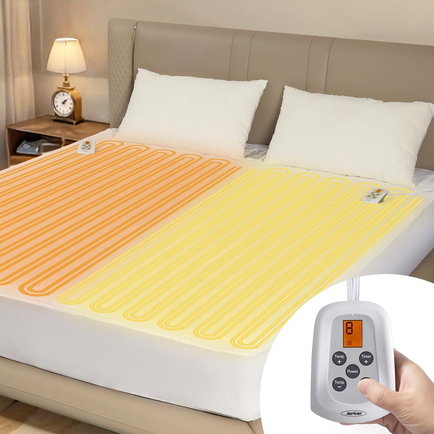 RoyalCraft Queen Size Heated Mattress, Electric Bed Mattress Pad with 12-Hour Timer & 10 Heat Settings, Full Bed Warmer with Dual Controller, Machine Washable, 60" x 80"