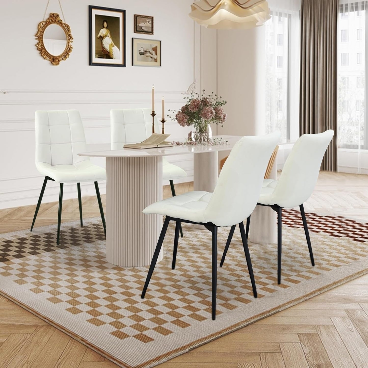 Royalcraft Modern Kitchen Chairs, Dining Chairs Set of 4, White Dining Chairs with Cushion Seat and Metal Legs for Living Room, Bedrooms, Kitchen, Beige