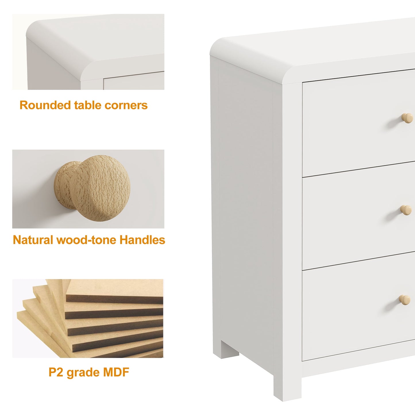 May in Color Modern Chest of Drawers, with Rounded Corners and Soft Close Drawers, 1 Piece, White