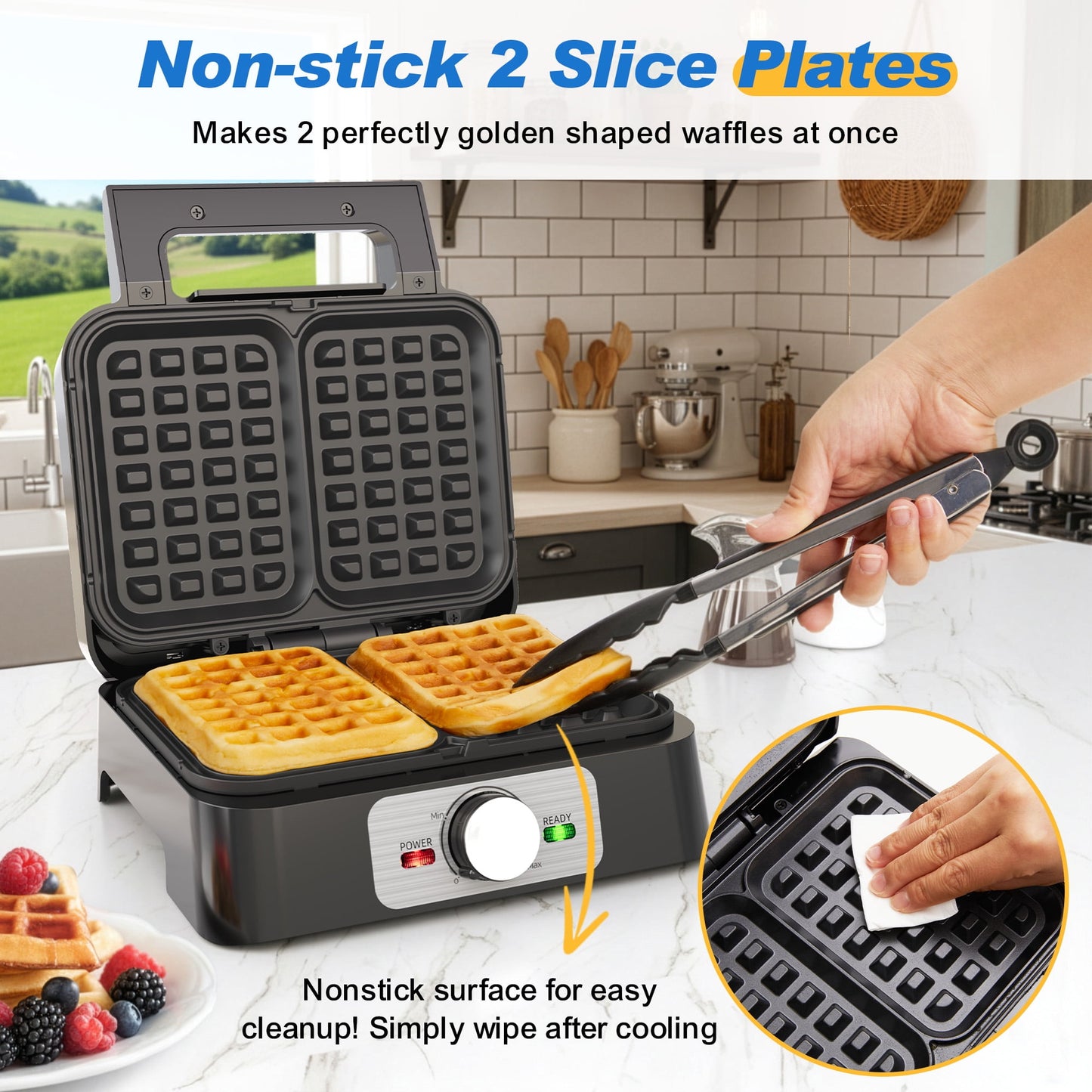 Sunvivi 2-Slice Belgian Waffle Maker, Electric Waffle Iron with Temperature Control, Nonstick Plates & Indicator Lights, Easy Clean