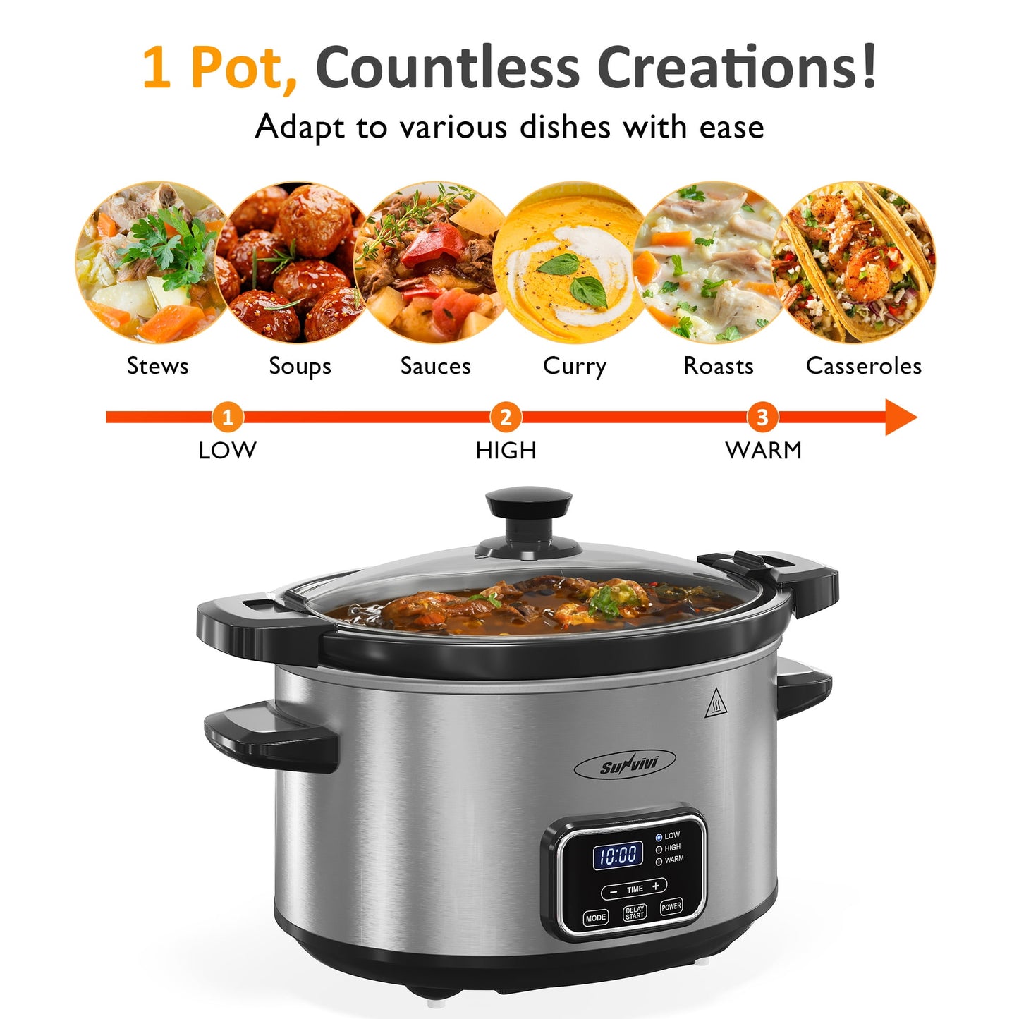 Heynemo 4QT Programmable Slow Cooker with Locking Lid, Removable Ceramic Pot, 3 Heating Settings & Timer, Dishwasher-Safe, Stainless Steel