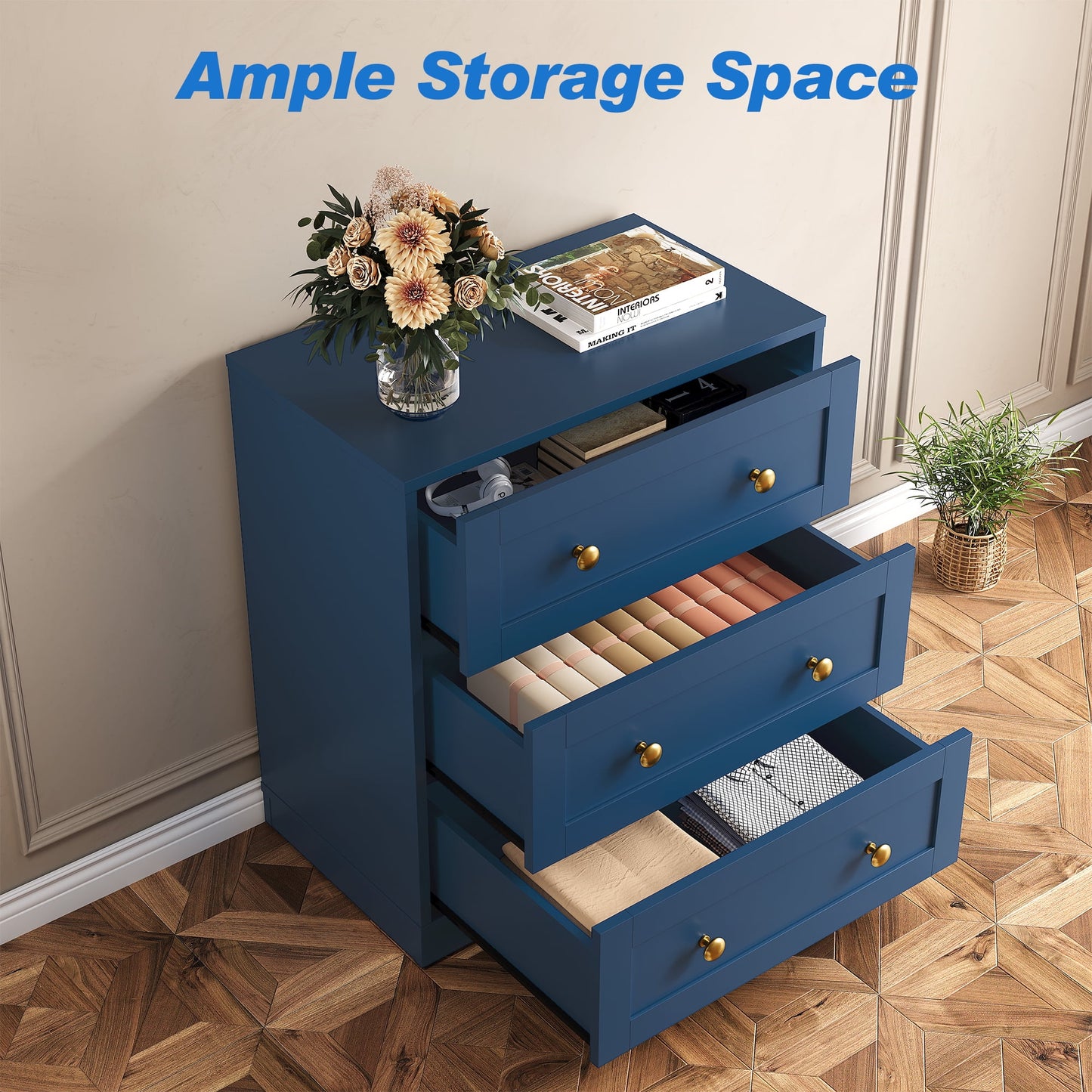 May in Color 3-Drawer Nightstand, Modern Bedside Table with Gold Knobs, Wooden End Table for Bedroom, Living Room, Hallway, or Closet, Blue