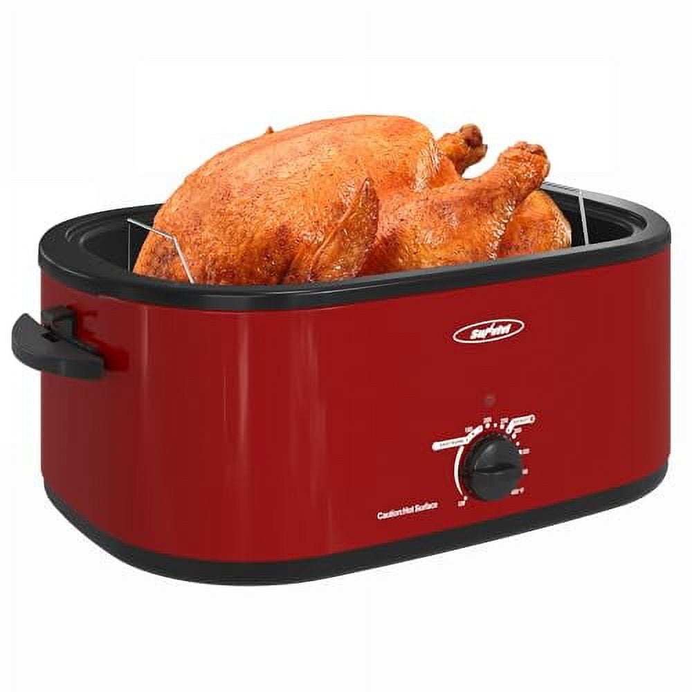 Sunvivi 26 Quart Electric Turkey Roaster Oven with Visible Glass Lid,Removable Pan & Rack, Stainless Steel,Red