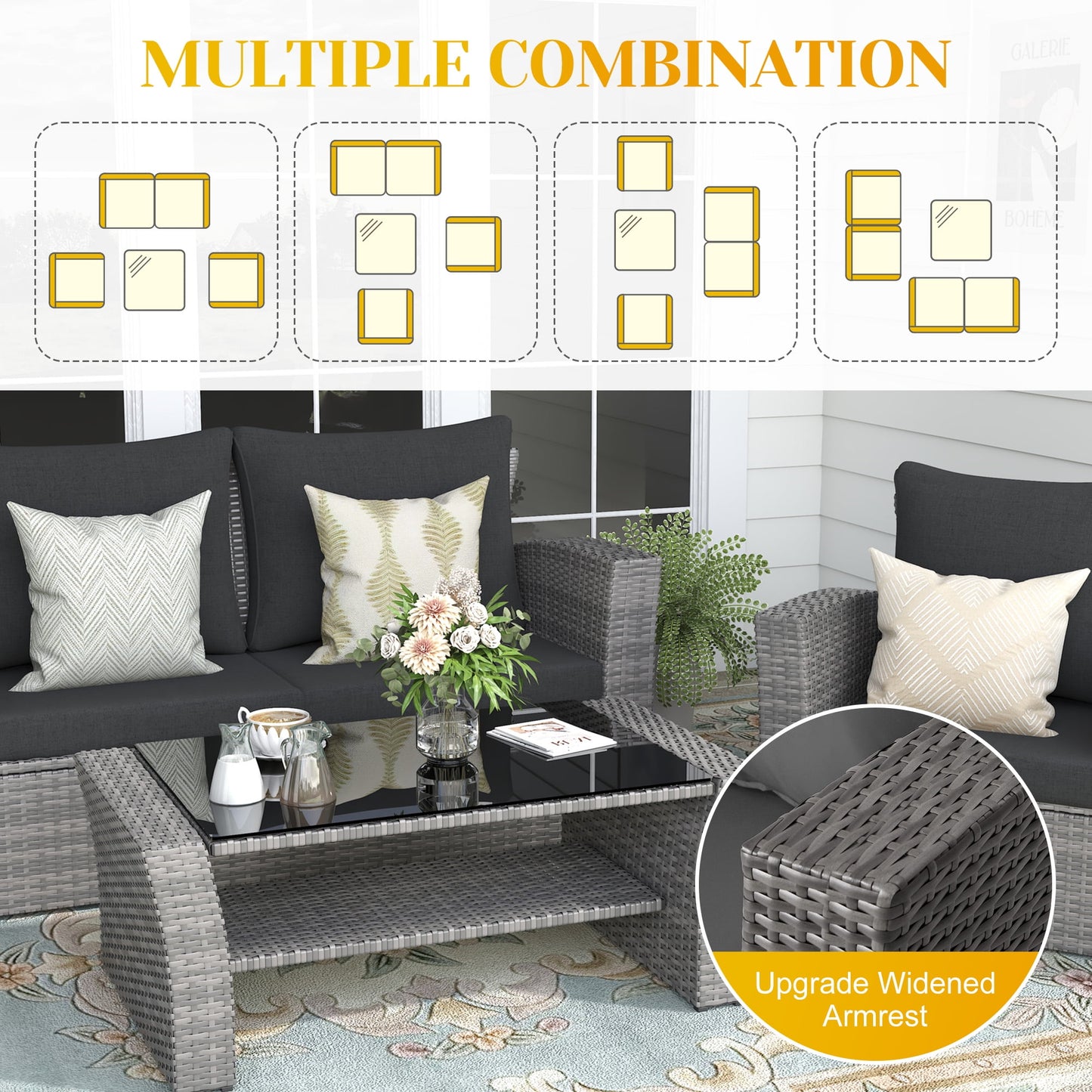 Superjoe 4 Pcs Outdoor Patio Furniture Sets, Wicker Rattan Conversation Set, Gray Rattan Black Cushion
