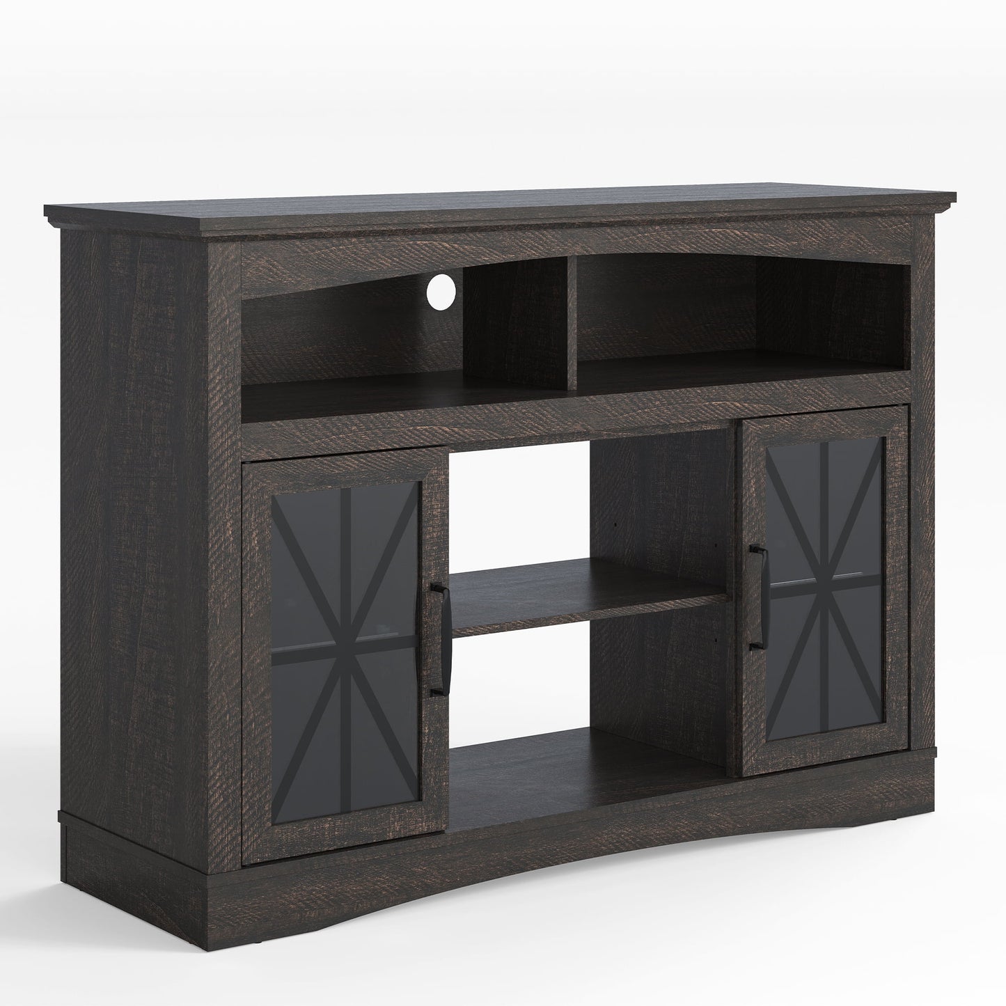 May in Color 47'' Farmhouse TV Stand with Adjustable Shelves, Glass Doors & LED Lights