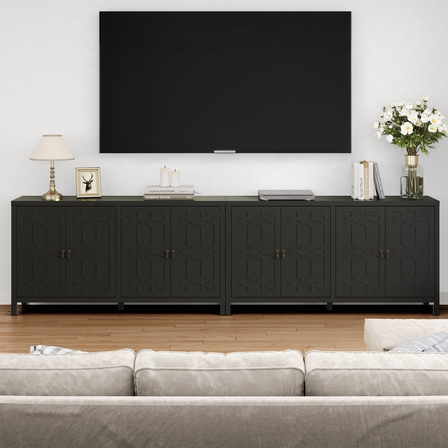 May in Color Sideboard Buffet, 58" Modern Buffet Cabinet with 4 Doors and Adjustable Shelves, for Entryway, Dining Room, Living Room, Bedroom, Black