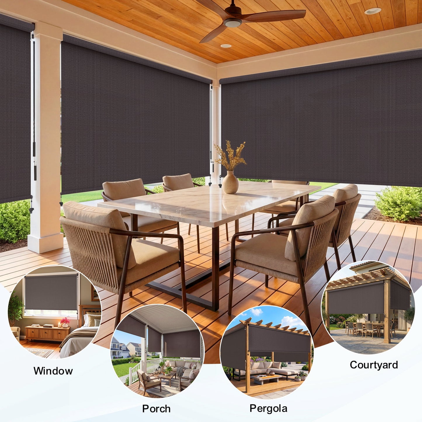 Heynemo 10'x 8' Outdoor Roller Shade, Cordless Patio Shade with Crank Handle, 95% UV Protection Outdoor Blind for Porch, Gazebo, Pergola, Brown