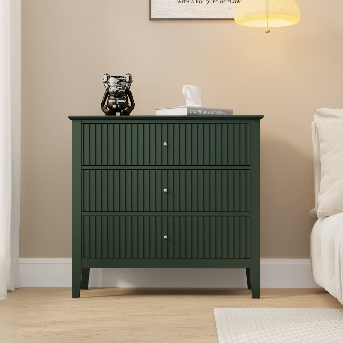 32" Green Fluted Dresser Nightstand, Wide Modern 3 Drawer Wooden Chest, Large Painted Storage Cabinet, for Bedroom, Closet, Hallway, Entryway