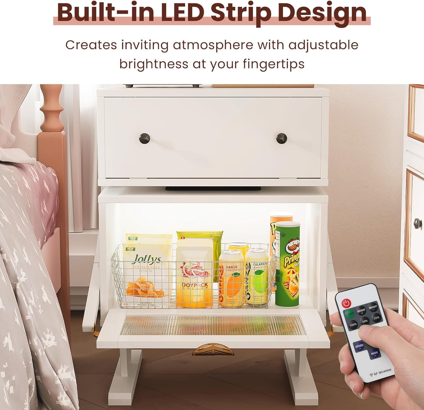 Heynemo White Nightstand with LED Light Strips 360¡ã Rotating Drawer, Modern End Table with Glass Door Storage, Wood Bedside Table Cabinet for Living Room, Bedroom