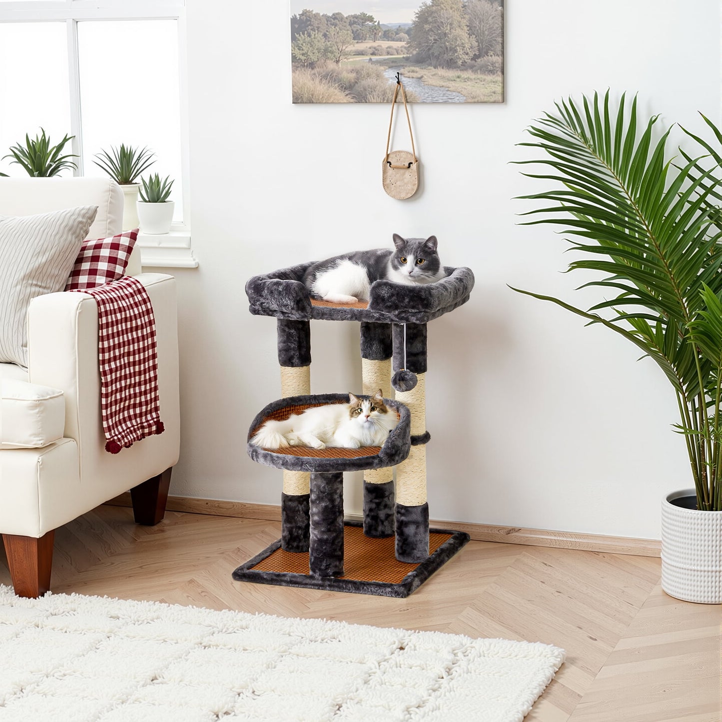 Heynemo Multi-Level Cat Tree with Sisal Scratching Posts & Cooling Mat - 2 Beds, Gray