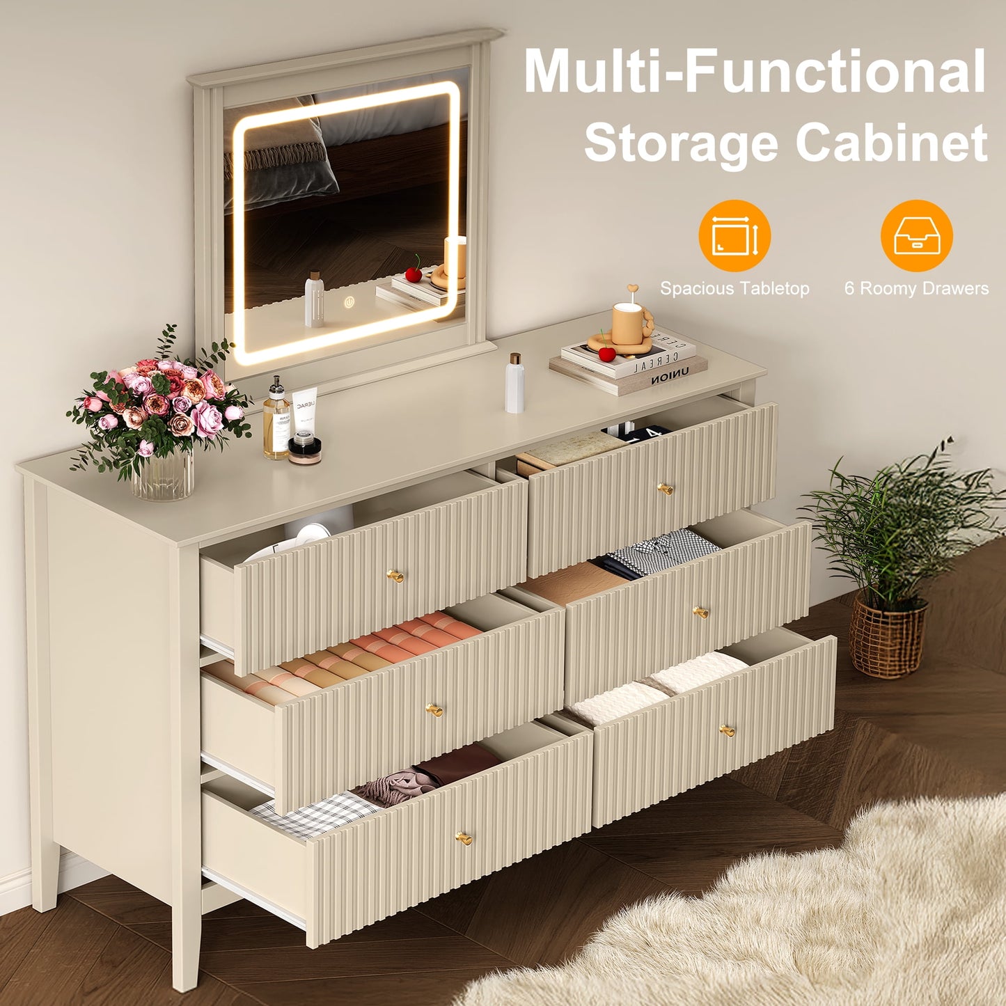Heynemo Fluted 6 Drawer Dresser with Lighted Mirror, Wide Modern Chests of Drawers for Bedroom, Living Room, Hallway, Beige