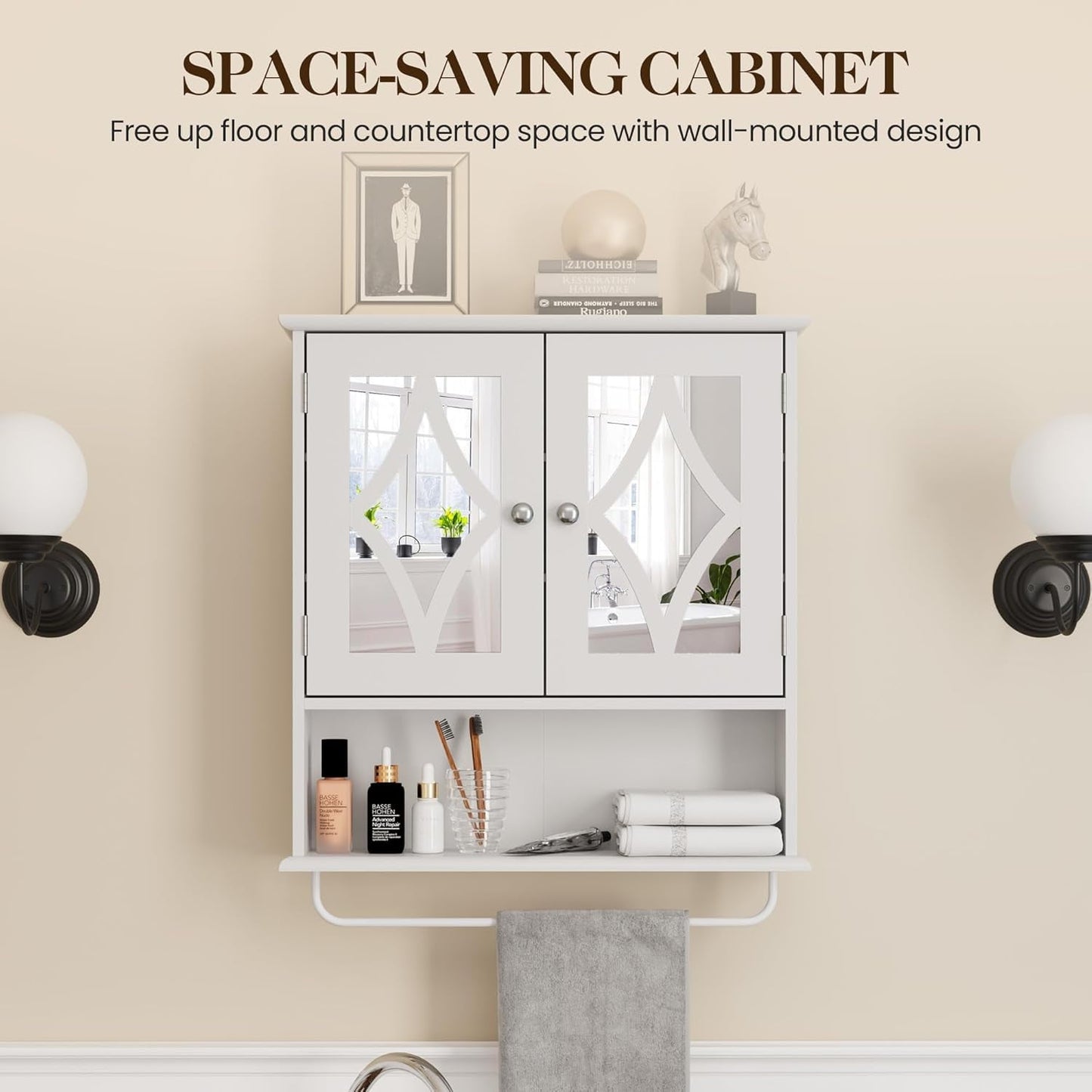 Superjoe Bathroom Medicine Cabinet with Mirror, Vanity Wall Mounted Storage Cabinet with Adjustable Shelves and Towel Bar, Hanging Wall Cabinet for Bathroom, Laundry, Living Room, White