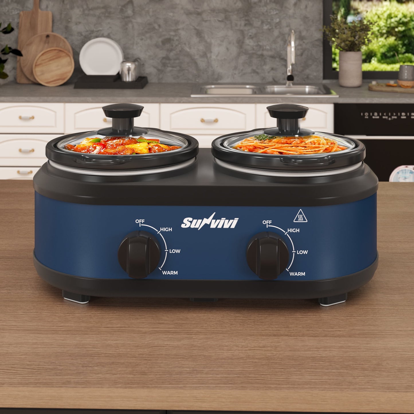 Blue Dual Slow Cooker with 2 Removable Ceramic Pots, 3Adjustable Temp & Visible Glass Lids, Buffet Server & Warmer, 2 x 1.25 QT, Blue, Dishwasher Safe