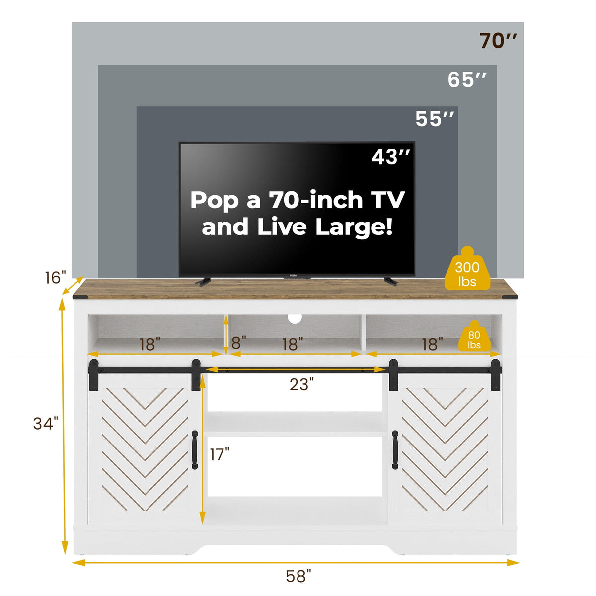 Mayincolor Farmhouse TV Stand for 65+ Inch TV, Tall Entertainment Center, Rustic TV Console with Sliding Bar Door for Living Room (Wood-Tone and White)