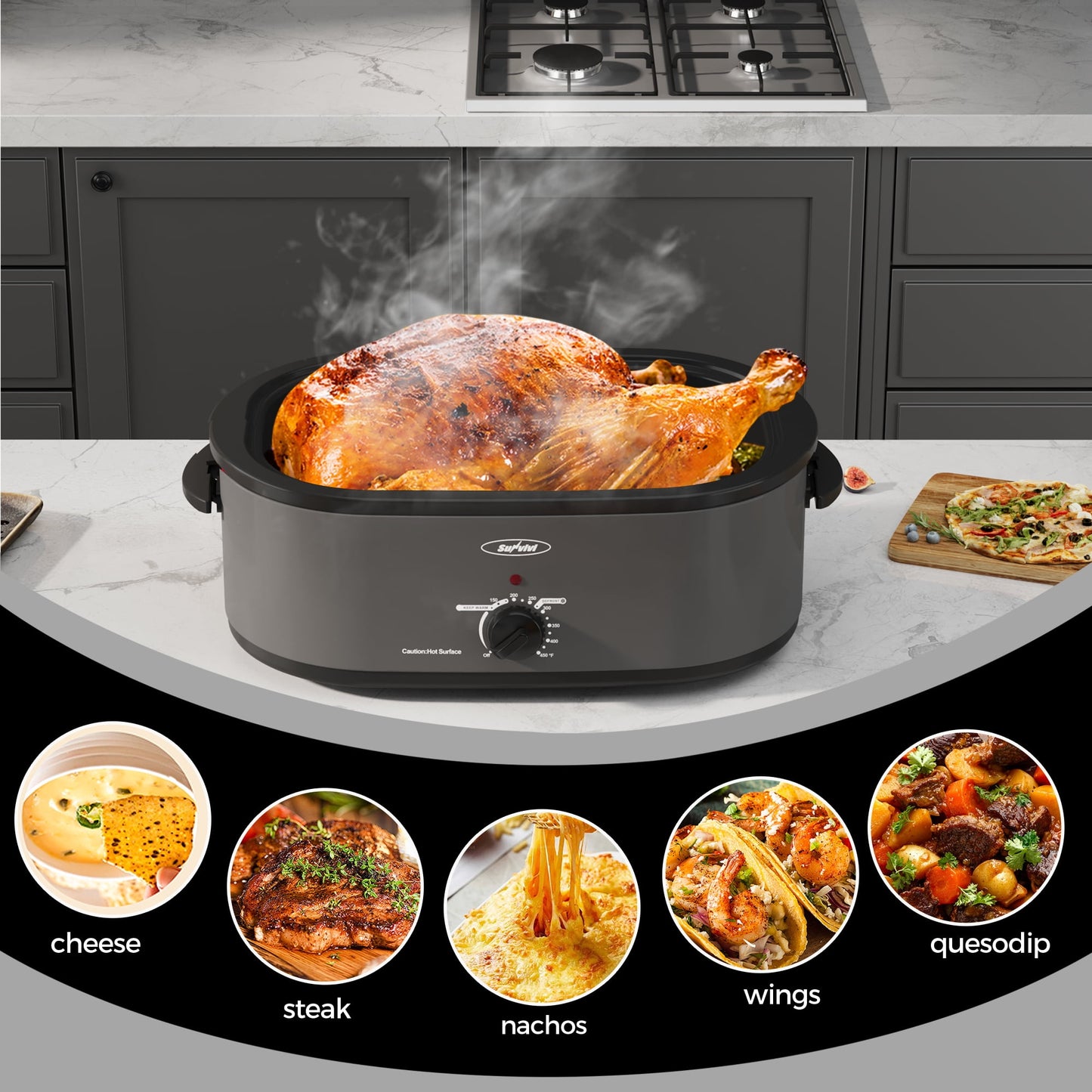 Sunvivi Roaster Oven with Self-Basting Lid, 18qt Electric Roaster with Removable Pan & Rack, Turkey Roaster Oven with Defrost & Warm Function, Stainless Steel, Grey