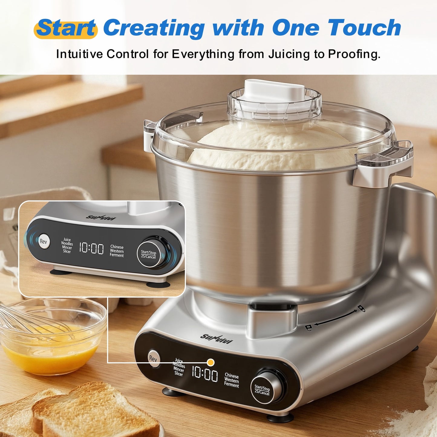 Sunvivi 4-in-1 Stand Mixer 5.3QT with Fermentation, Electric Dough Mixer with Juicer, Meat Grinder & Salad Maker
