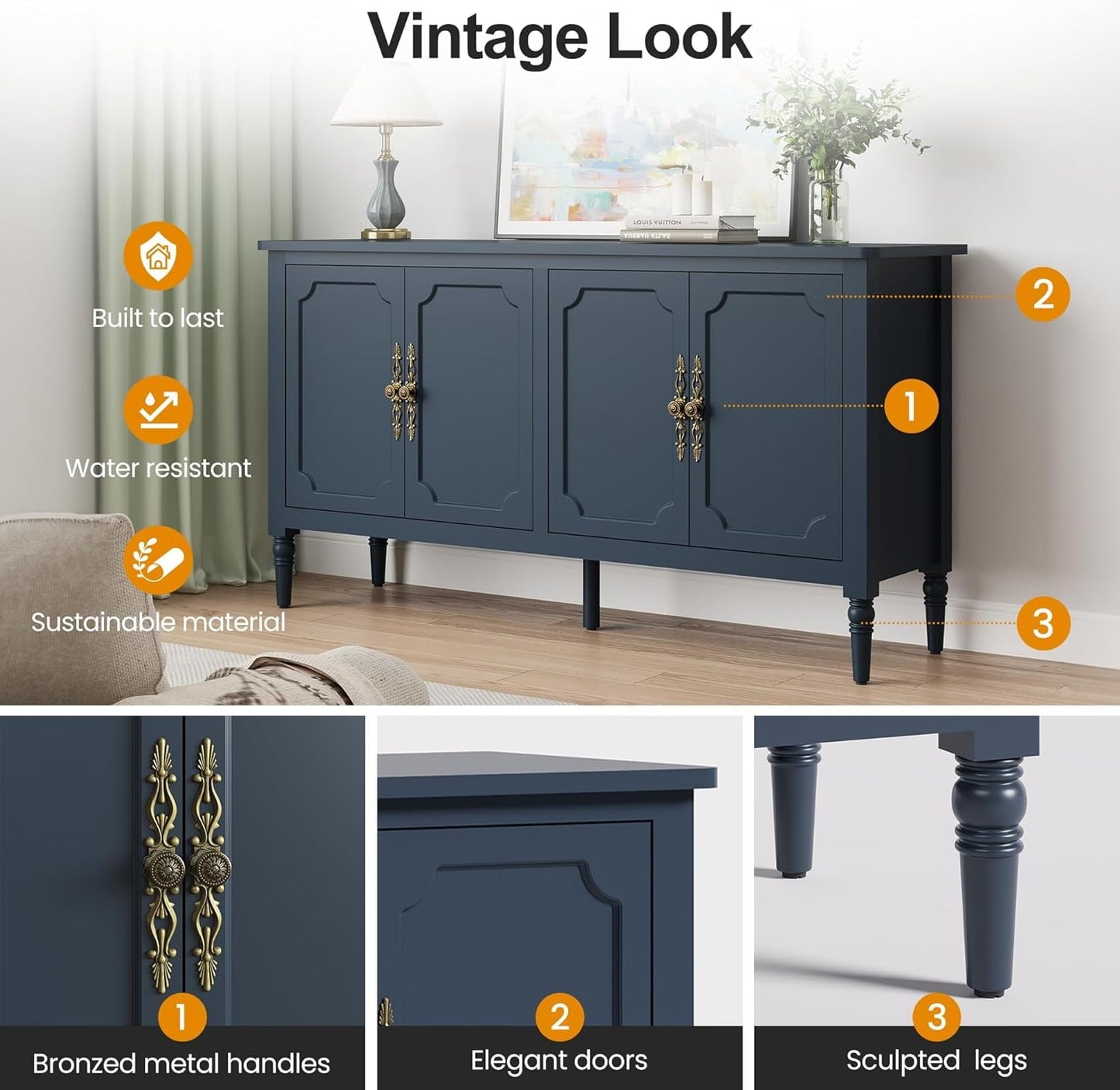 May in Color Console Cabinet, 58'' Wood Sideboard Buffet Cabinet with Storage & 4 Doors, Mid Century Modern Pantry Cabinet for Entryway, Living Room, Bedroom, Dining Room, Blue