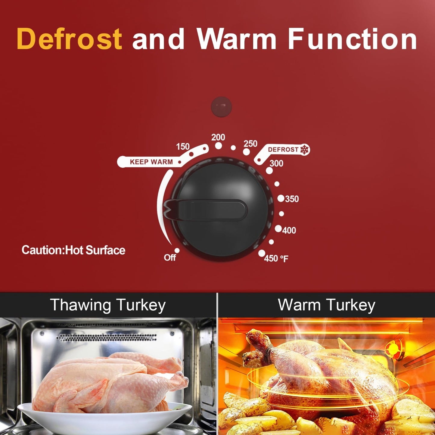 Superjoe 22 Quart Electric Roaster Oven with Visible & Self-Basting Lid, Large Turkey Roaster with Defrost Warm Function, Adjustable Temperature, Removable Pan Rack, Stainless Steel, Red