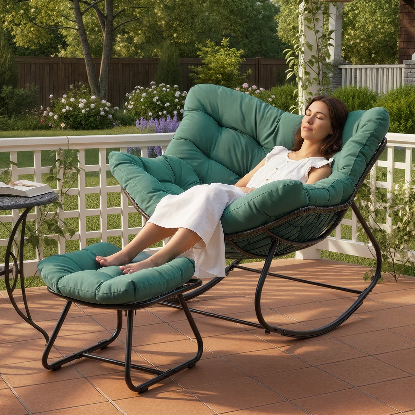 Heynemo Patio Rocking Chair with Ottoman for Outdoor & Indoor, Outdoor Wicker Papasan Chair with Thick Cushions for Garden, Porch, Green