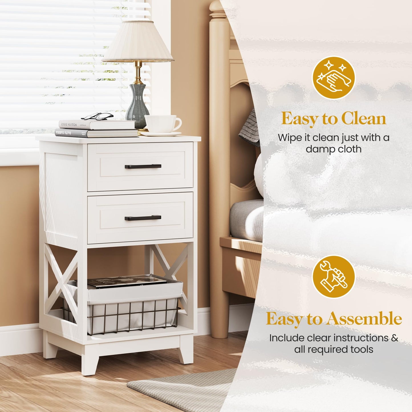 May in Color Tall Nightstand, Side Table with 2 Drawers and Open Shelf Below, for Bedroom, Living Room, Home Office, White