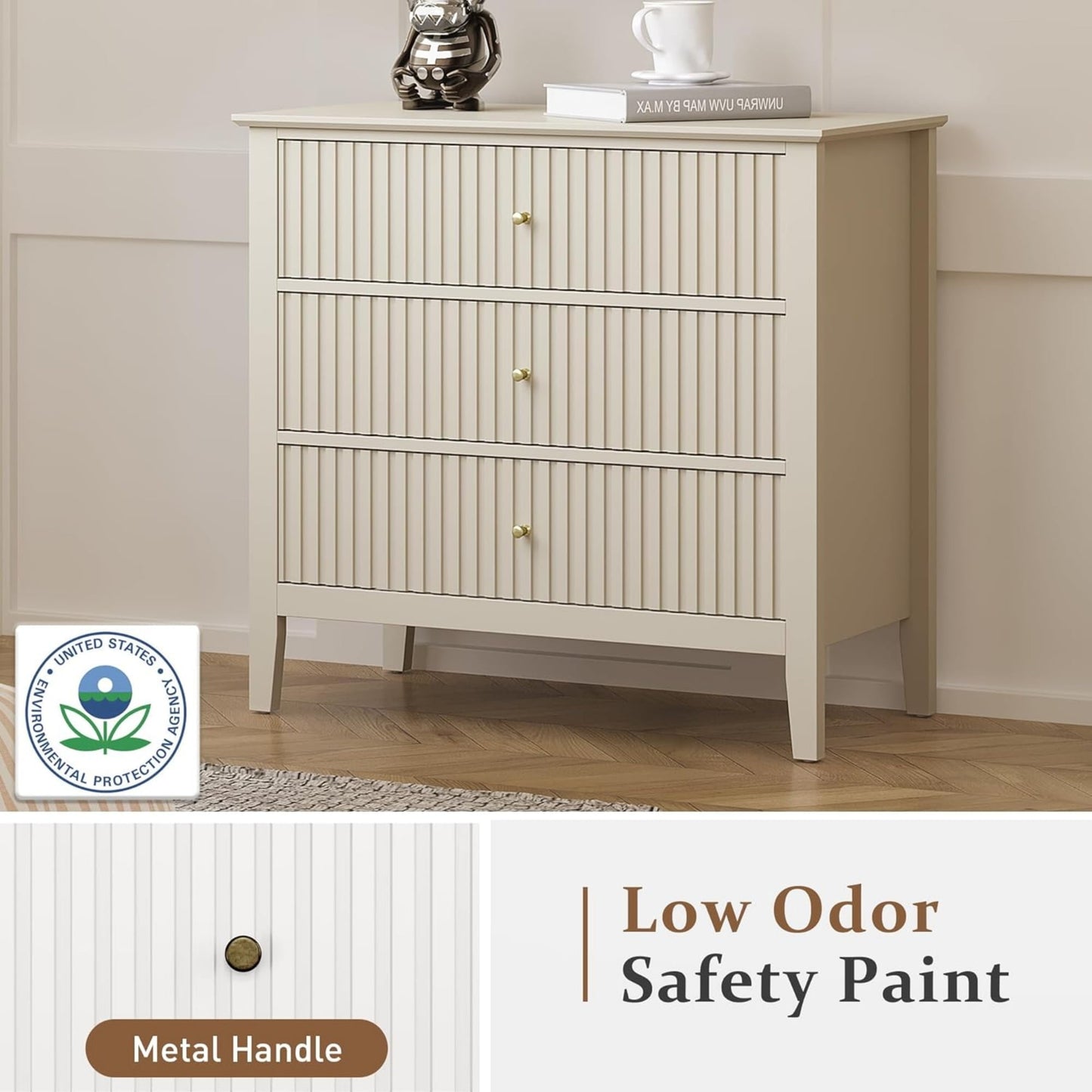 Heynemo Modern 3 Drawer Dresser, Nightstand with Ball Bearing Slide, Beige