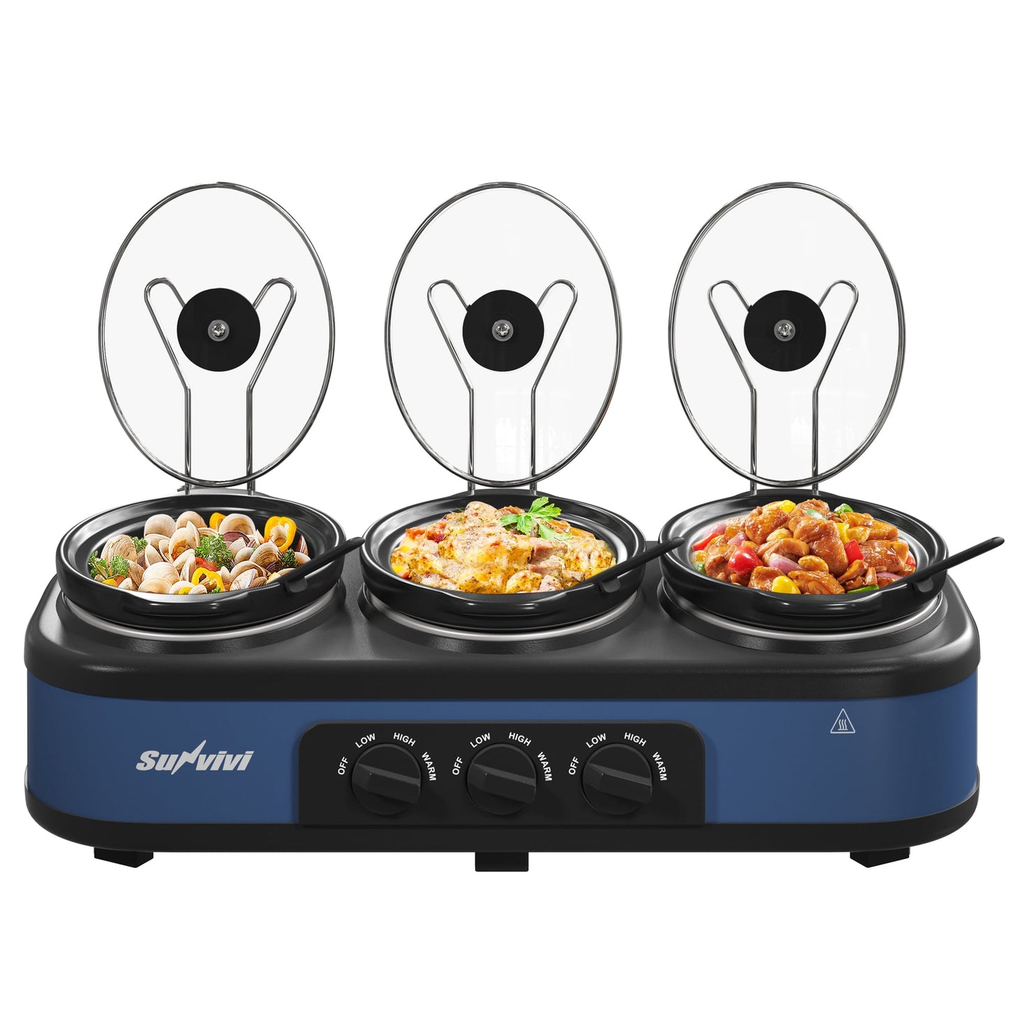 Heynemo Triple Slow Cooker Buffet Server with Removable Ceramic Pots and Adjustable Temperature - 3 x 1.5 Quart, Blue