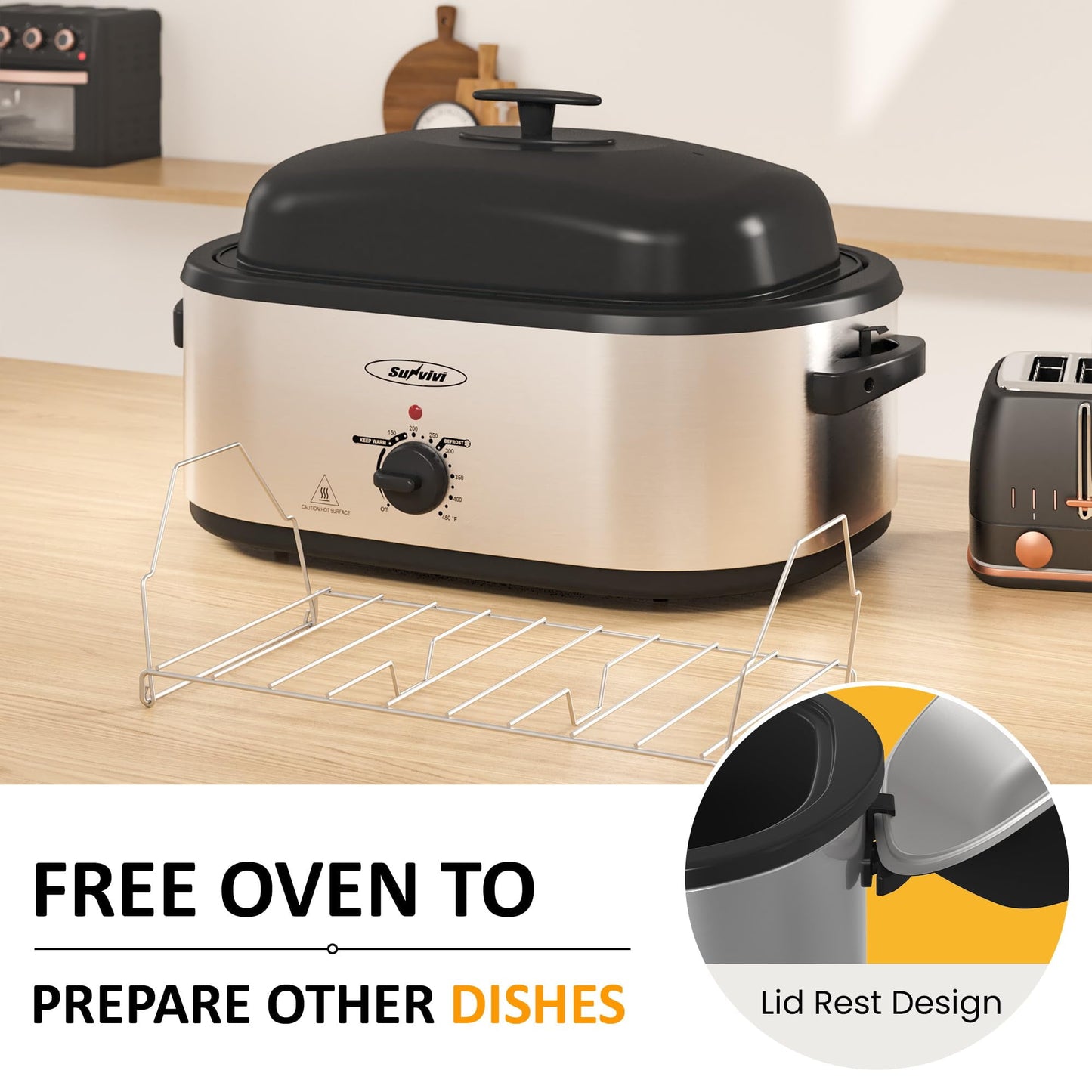 Superjoe Electric Roaster Oven, 24 QT Roaster with 3 Compartments and Self-Basting Lid, Turkey Roaster Oven with 150-450¡ãF Full-Range Temperature Control, Removable Pan & Rack,Silver