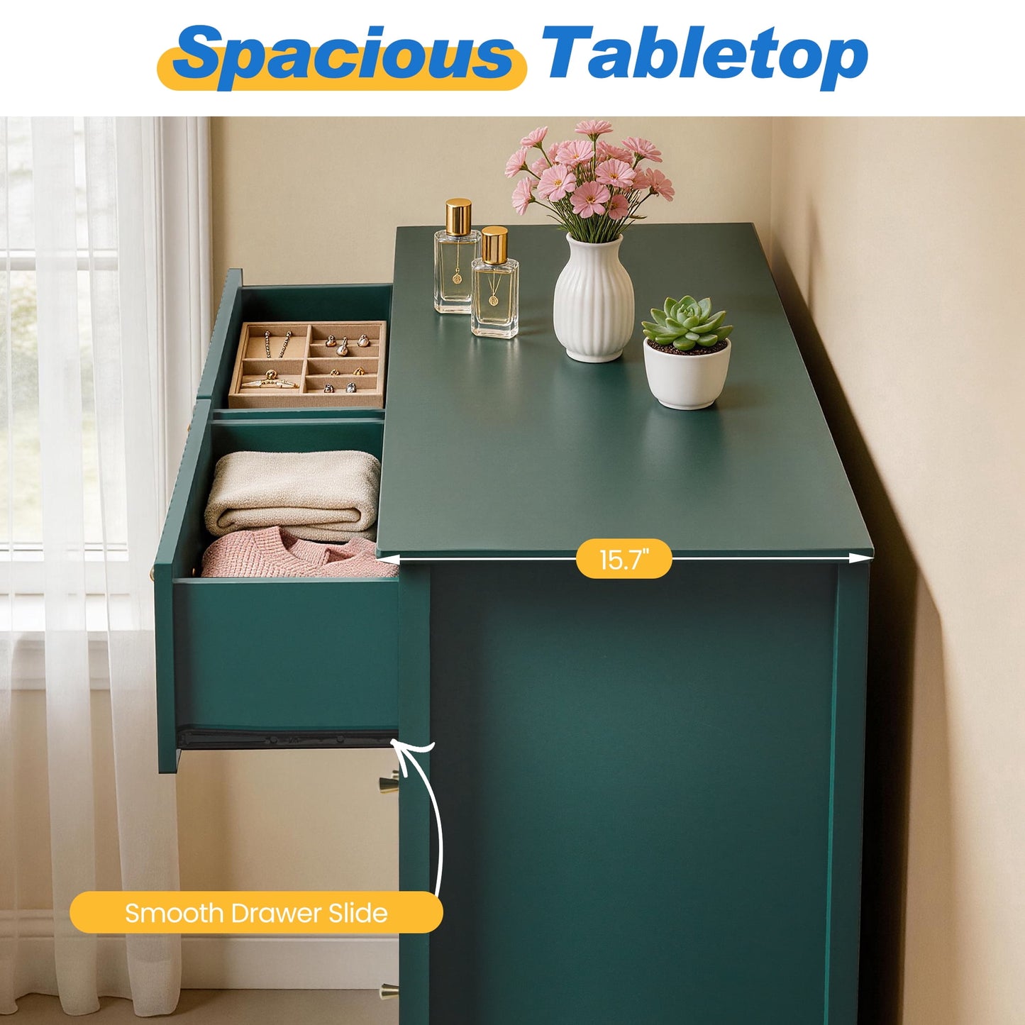 May in Color Fluted 6 Drawer Dresser, Wide Modern Chest of Drawers, Large Wood Storage Cabinet Organizer for Bedroom, Living Room, Hallway, Entryway, Green