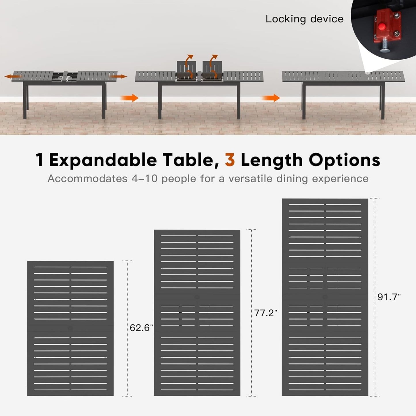 Superjoe Patio Expandable Table Dining Set for 4 to 10, Aluminum Outdoor Dining Table, Rectangular Patio Metal Table with Umbrella Hole for Backyard Porch, Deck ＆ Garden, Easy Assembly, Dark Grey
