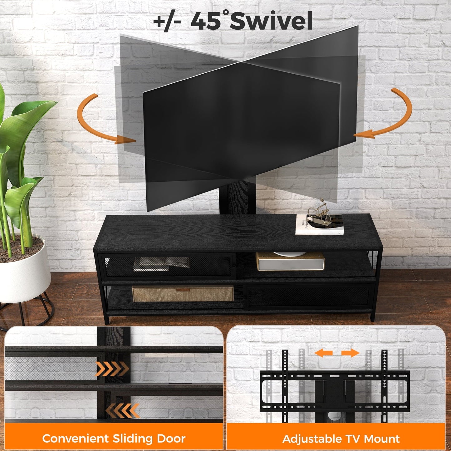Royalcraft TV Stand with Mount and Power Outlet, 51" Swivel TV Stand Mount for 32/45/55/60/65/70 Inch TVs, LED Entertainment Center with Storage Shelves for Living Room, Bedroom, Office, Black