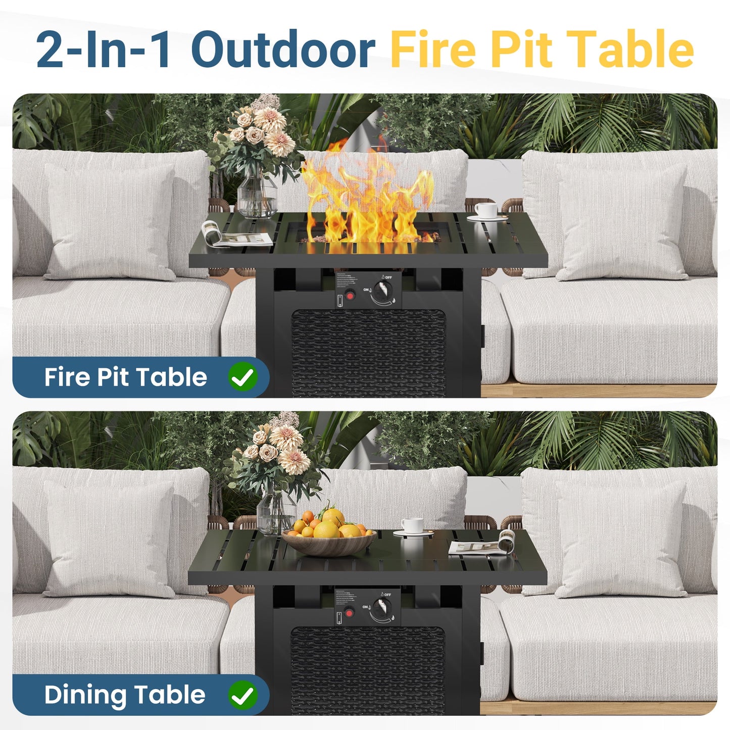 Heynemo 30" Outdoor propane fire pit table with Lid & Lava Rocks, 2in1 50,000 BTU Outdoor Gas Fire Pit Table with Waterproof Cover