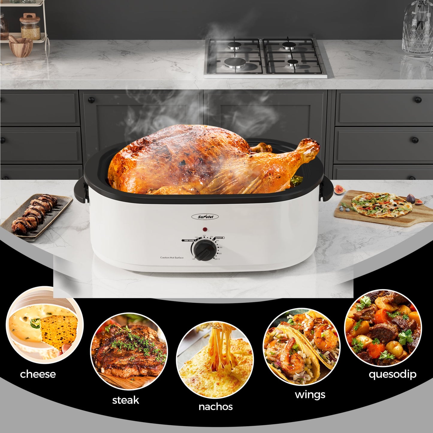 Sunvivi Roaster Oven with Self-Basting Lid, 18qt Electric Roaster with Removable Pan & Rack, Turkey Roaster Oven with Defrost & Warm Function, Stainless Steel, White